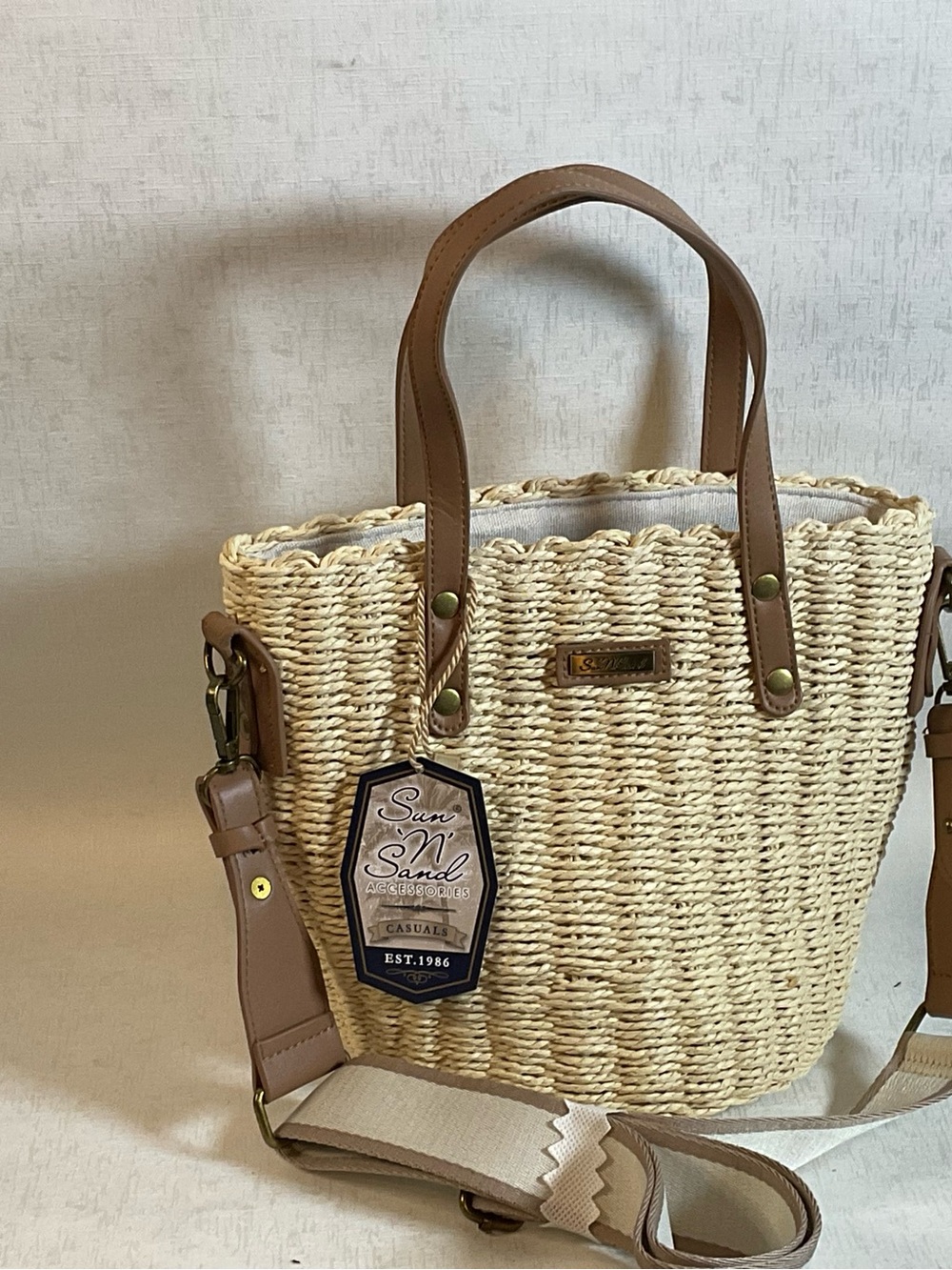 Cream Woven Tote with Tan Leather Handles
